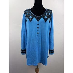 Denim 24/7 Women's XL Fair Isle Folk Blue Holiday Knit Sweater 90's Lagenlook